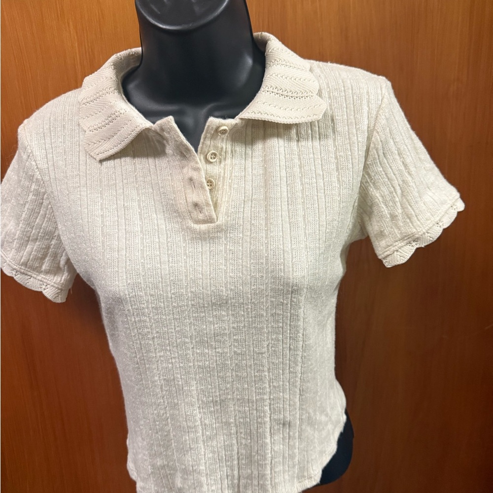 Cream Ribbed Polo Collar Women's Top S